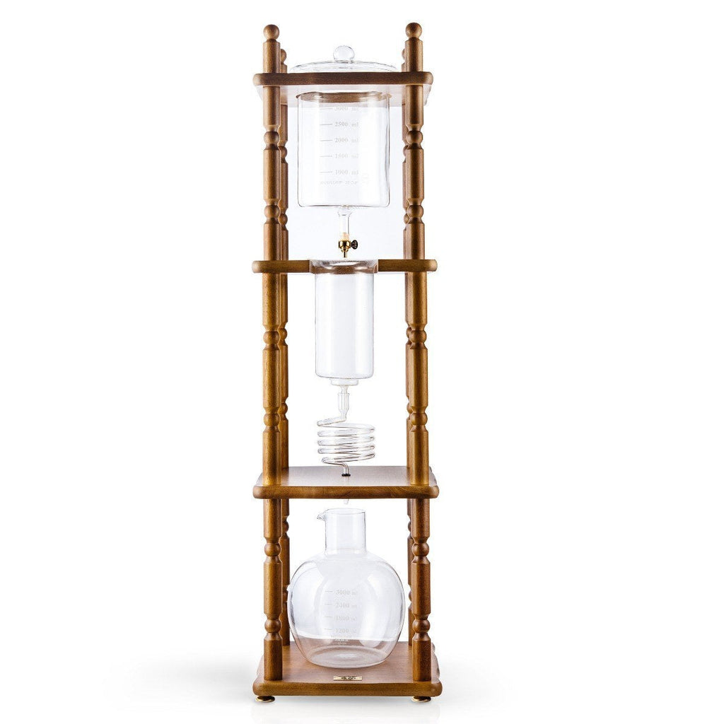 Yama Glass Cold Brew Tower – Curved Brown Wood Frame – 25 Cup (100 oz)