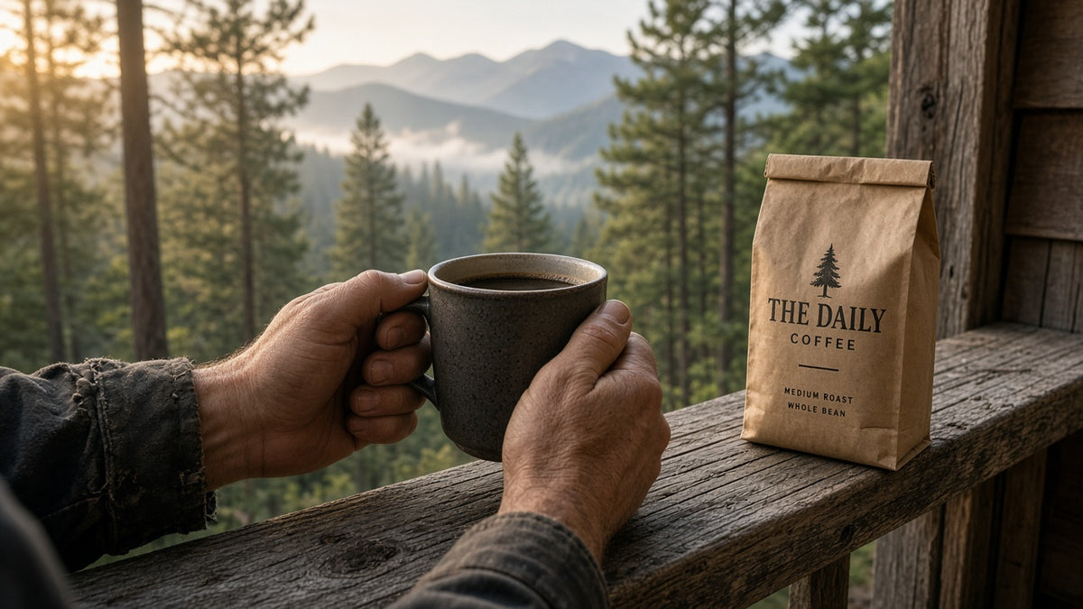 Two hands around a mug of The Daily on a cabin porch rail, mountains behind